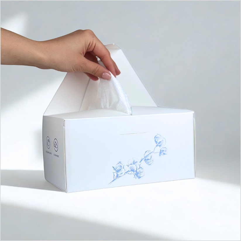 Dłoń wyciąga ręcznik z otwartego pudełka Pure Face Towels